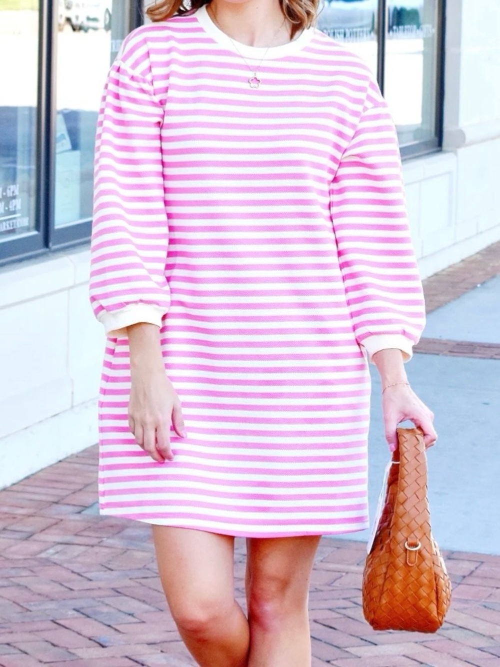 JODIFL Pink and White Striped Bubble Sleeve Dress